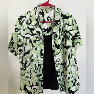 Notations Green and Black Casual Button Down Shirt with Ornate Pattern